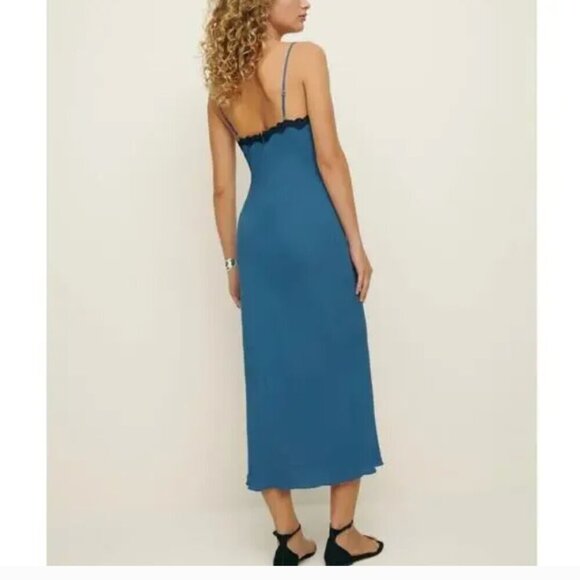 NWT Reformation Analissa Blue Chemise Black Lace Slip Midi Dress Size 10 - Picture 11 of 11